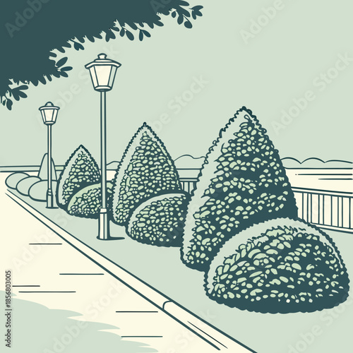 a serene illustration depicts a park pathway lined with neatly trimmed bushes and vintage style street lamps creating a peaceful