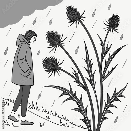 a solitary figure walks in the rain alongside tall dramatic thistles under a cloudy overcast sky creating a stark scene