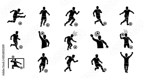 Black silhouettes of soccer players in various actions and poses