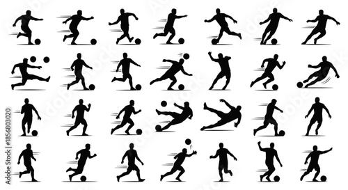 Dynamic soccer player silhouettes in various actions and poses
