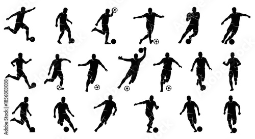 Collection of dynamic soccer player silhouettes in action poses