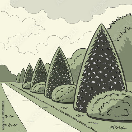 a serene landscape features a winding pathway bordered by neatly trimmed conical evergreen trees and lush green bushes under a