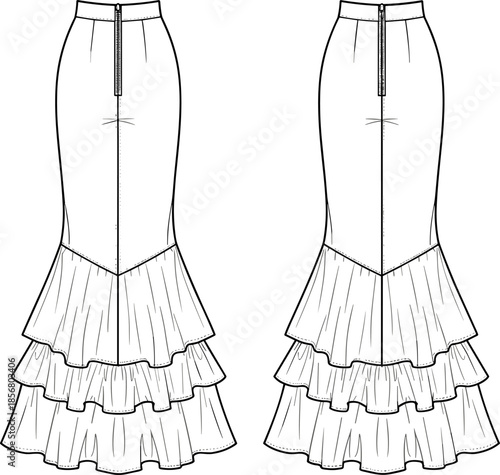 Mermaid Style Maxi Skirt Technical Fashion Flat Sketch, High Waist, Three-Tier Ruffle Hem, Front and Back View CAD Template Vector Illustration.
