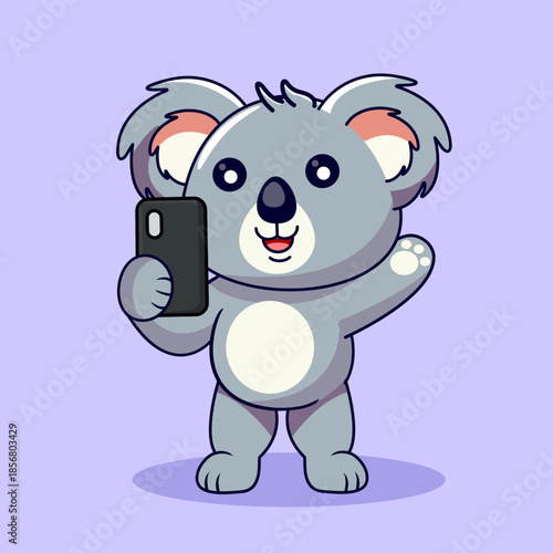 Cute Koala Taking a Selfie with Smartphone Vector Illustration Cartoon Design Kawaii