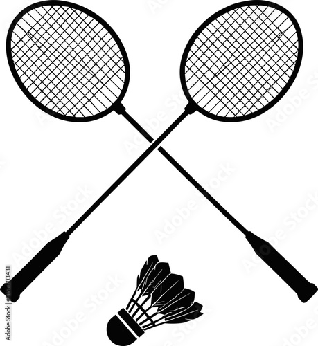 Minimalist badminton vector illustration featuring crossed rackets and shuttlecock, showcasing sports equipment design, active recreation theme, clean monochrome style for competitive play concepts