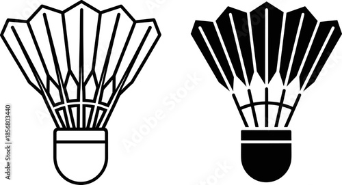 Minimalist black and white badminton shuttlecock vector icon set featuring outline and solid styles for sports branding, athletic design elements, and fitness illustrations