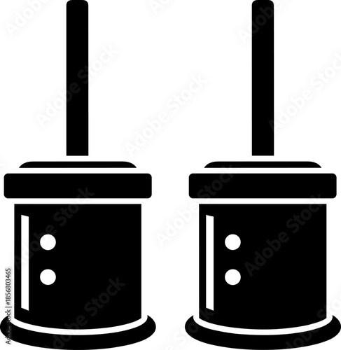 Minimalist black vector illustration of two toilet plungers with simple round bases, isolated cleaning tools silhouette design ideal for sanitation, hygiene, bathroom maintenance graphics, icons