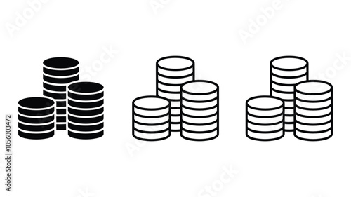 Three stacks of coins in black and white outline and solid fill variations money finance