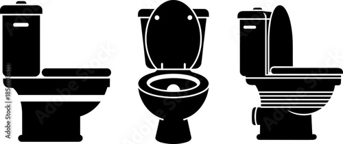 Modern bathroom toilet silhouette set featuring diverse bowl designs and seat positions, clean minimal black vector illustration, perfect for plumbing, sanitation, and household interior concepts