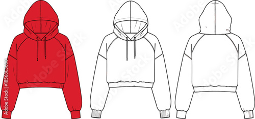 Oversized cropped hoodie fashion flat sketch template, women's technical drawing with raglan sleeves, drawstring hood, ribbed hem/cuffs, and short length, front and back view, vector.