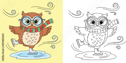 Cute owl ice skating wearing scarf and glasses, vector cartoon illustration with black and white coloring book outline.