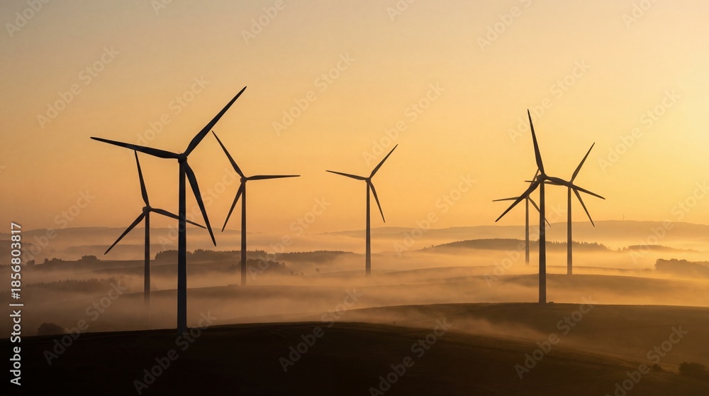 Obraz premium Beautiful sunrise scene with wind turbines symbolizing clean energy, sustainability and the future of renewable power.