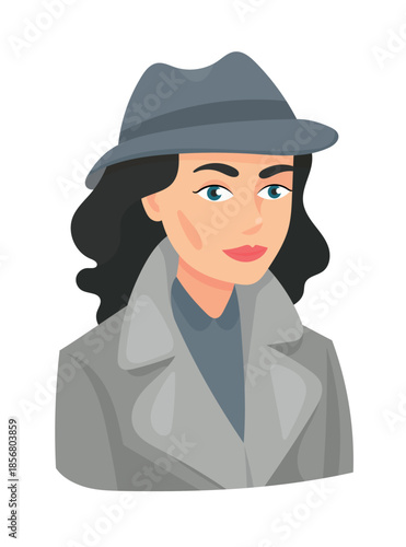 Female private detective, cute cartoon. Flat vector clipart, illustration with isolated background.