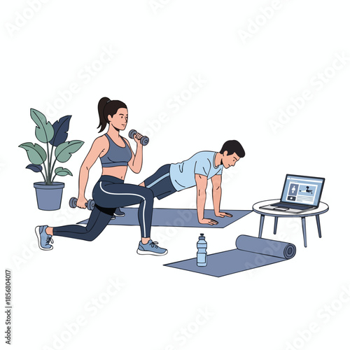 A couple works out at home with dumbbells, yoga mats, and an online workout video