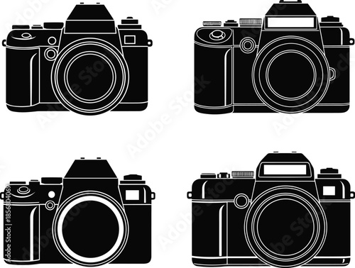 Set of professional photo camera silhouettes in black color isolated on white background, photography equipment cad drawing flat vector illustration for design