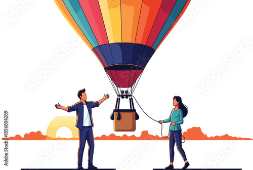 Couple preparing colorful hot air balloon for flight, outdoor adventure, travel experience, romantic journey, sunrise sky, exploration, freedom, vacation, leisure, joy