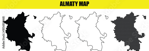 Almaty map variations featuring black white outline and dotted styles for creative design use