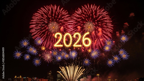 Vibrant fireworks display in heart shape with 2026 text at night