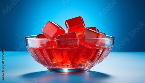 red jelly cubes in a clear glass bowl with blue background