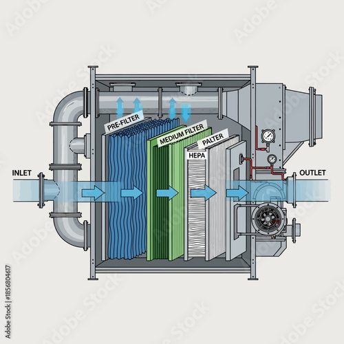Multi-stage industrial air filtration system cross-section diagram with pre, medium, HEPA, and carbon filters showing airflow.