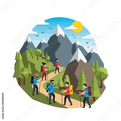 Hikers trek through a mountain landscape under a bright sun