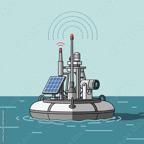 Solar-powered oceanographic buoy with sensors, camera, and antennas for data collection illustration.