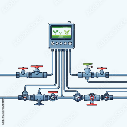 Smart automatic irrigation system controller connected to multiple pipes and redgreen valves.