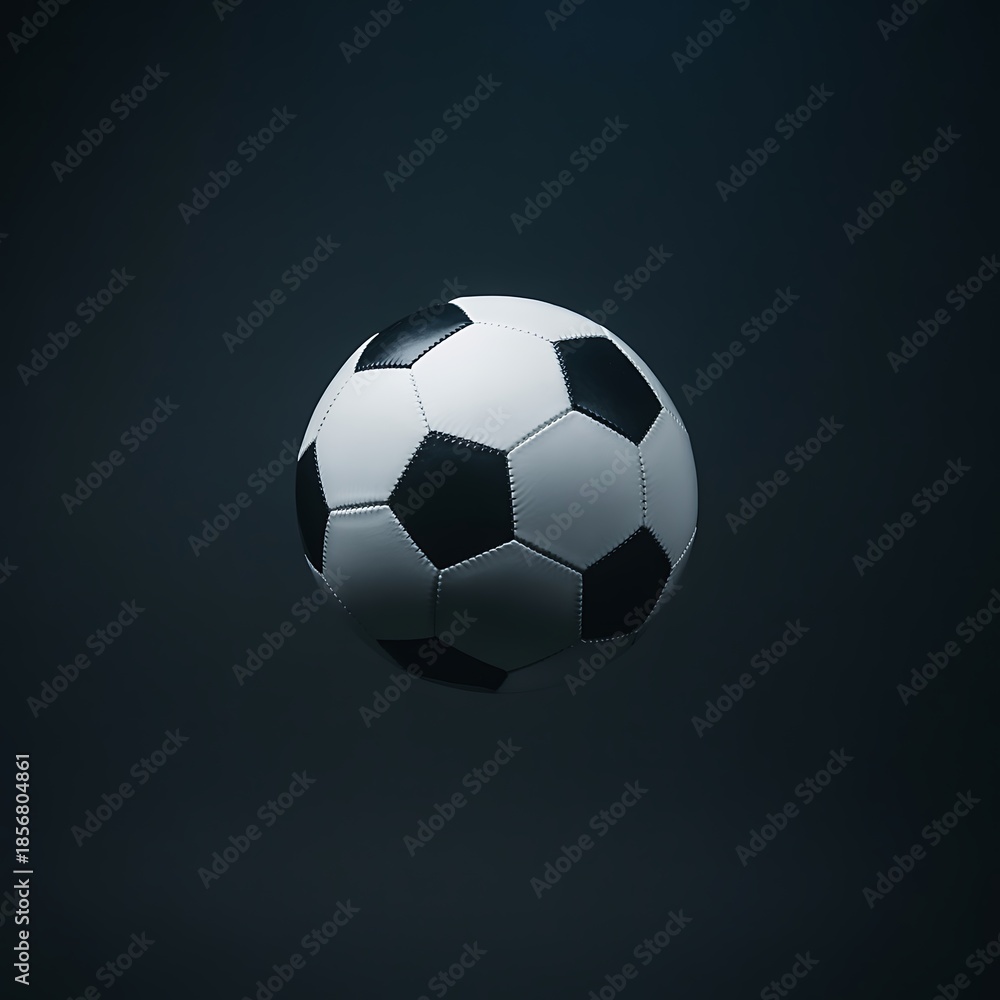 Naklejka premium A classic black and white soccer ball with hexagonal panels is centrally positioned against a dark, subtly textured background with soft, directional lighting Keywords: soccer ball, football