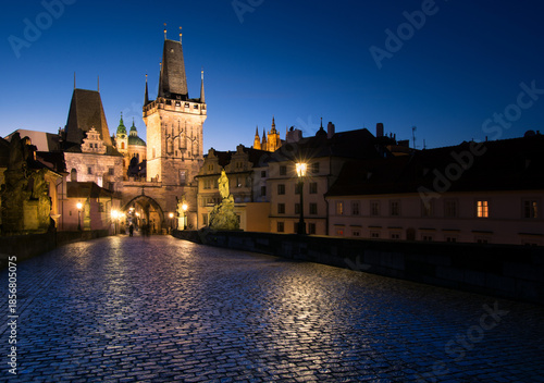 Charles Bridge and Bridge Towers at Night in Prague