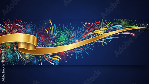Vibrant fireworks exploding behind wavy gold ribbon on dark blue background for celebrations and parties