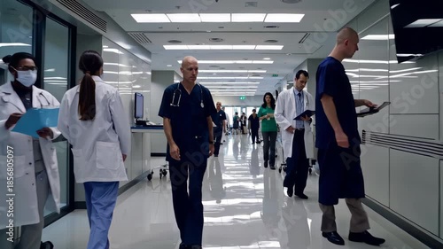 Busy hospital corridor with doctors and nurses walking, modern medical facility, professional healthcare workers, clean shiny floor, bright white lights