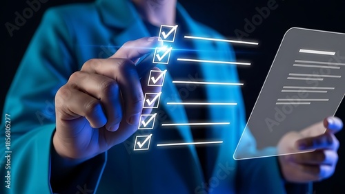 Businessman interacting with digital checklist on futuristic interface
