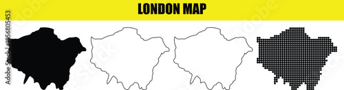 London map black solid silhouette, white outline map and dot map over transparent background. UK city