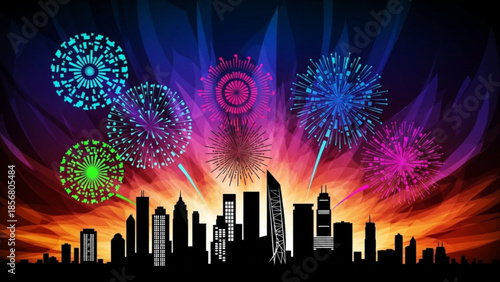 Vibrant fireworks exploding over modern city skyline at colorful sunset