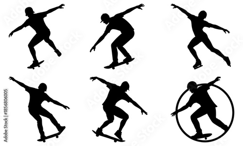 Skateboarder Silhouettes in Various Positions on White Background skateboarding action