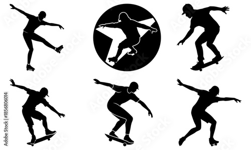 Skateboarders Performing Tricks Silhouettes on White Background skateboarding action
