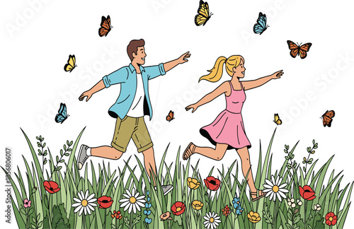 Couple running in meadow, chasing butterflies, outdoor fun, springtime happiness, romantic nature scene, colorful flowers, summer lifestyle, joyful playful moment together