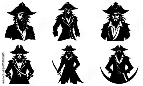 Six Pirate Silhouettes with Hats and Beards on White Background black