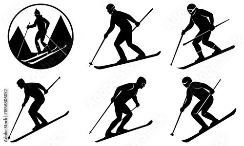 Five Black Silhouettes of Skiers with Poles on White Background skiing