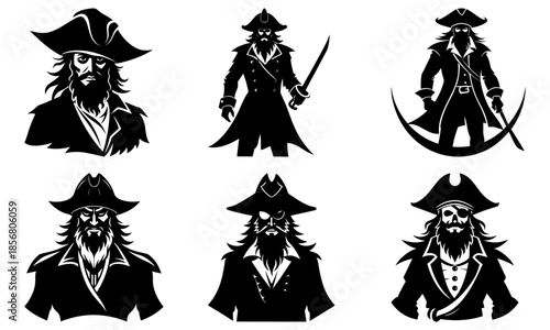 Six Black Silhouette Pirate Characters with Hats and Swords on Transparent Background white