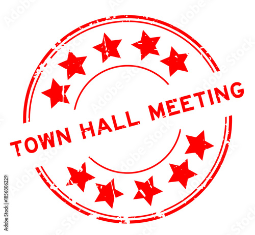 Grunge red town hall meeting word with star icon round rubber seal stamp on white background
