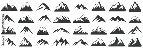 mountains icon vector set for hiking travel and camping illustration sign collection outdoor adventure nature exploration trekking tourism symbols.