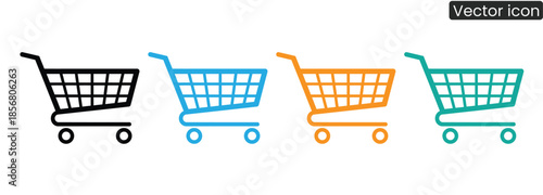 Vibrant shopping cart icons in black, blue, orange, and green for ecommerce and retail use