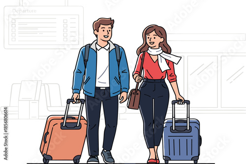 Couple traveling with luggage at airport, man and woman walking together, holiday vacation trip, tourism journey, happy travelers, travel lifestyle adventure