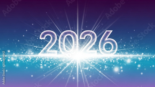 Sparkling white light rays and particles on blue background with 2026 text
