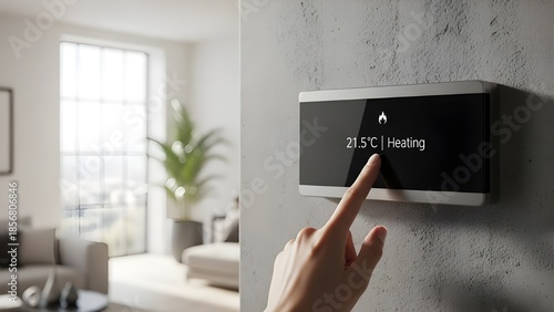 Hand adjusting smart digital thermostat on wall to heating mode for home temperature control
