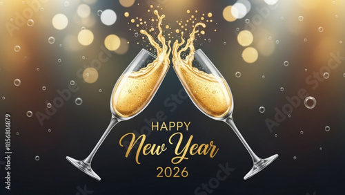 Two champagne glasses clinking together with golden liquid splashing on a dark background with bokeh lights