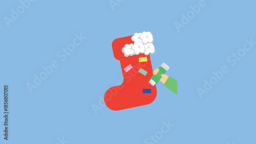 christmas sock with gifts on a blue background. vector illustration.