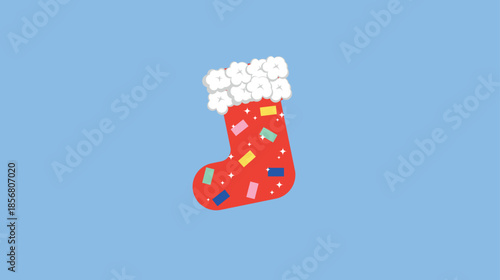 Christmas sock with snowflakes on blue background. Vector illustration.