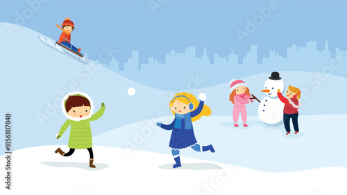 Children having fun on the snow. Vector illustration in flat style.